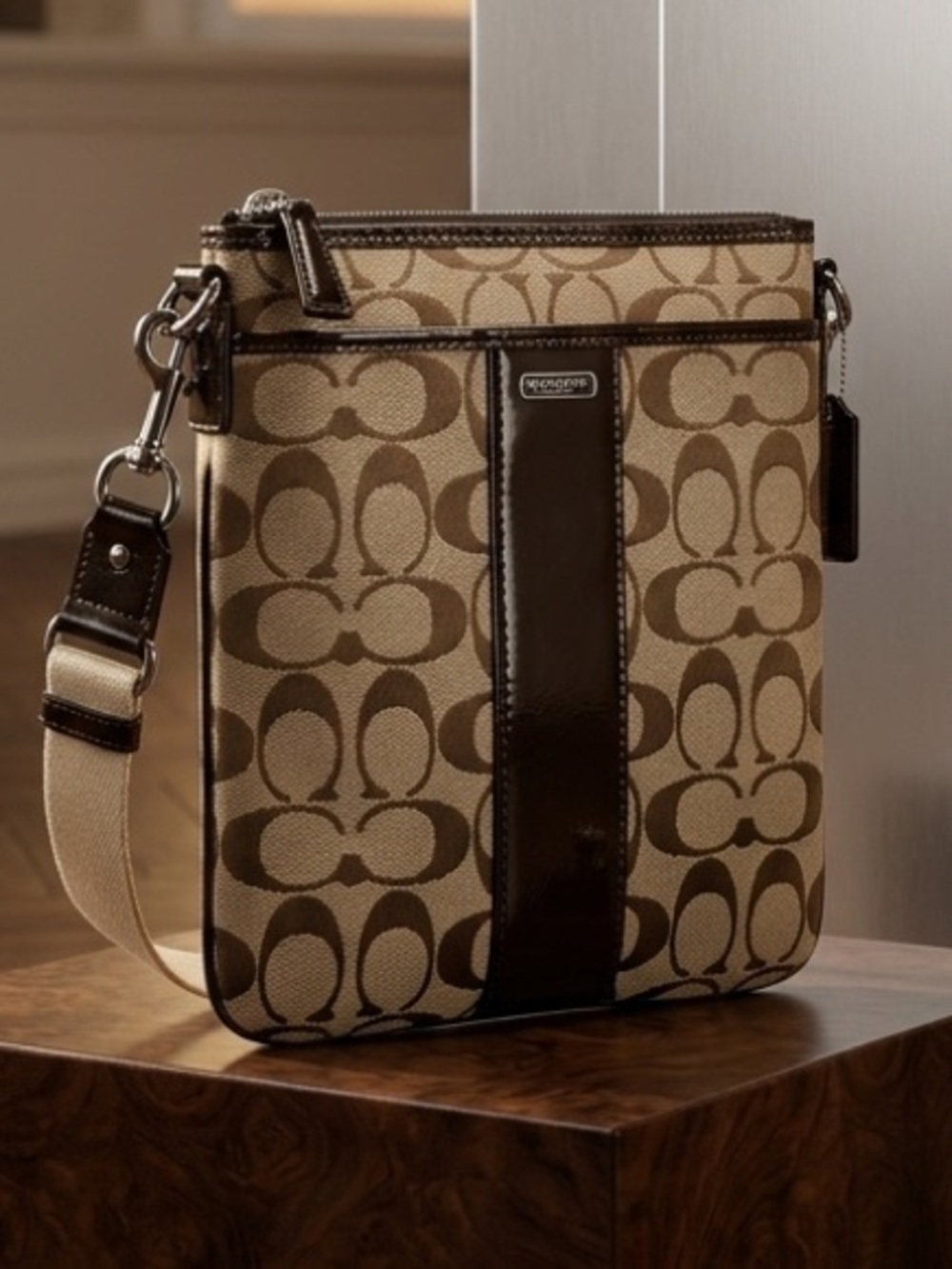 Coach Brown Signature Canvas Messenger Bag with Tan Strap